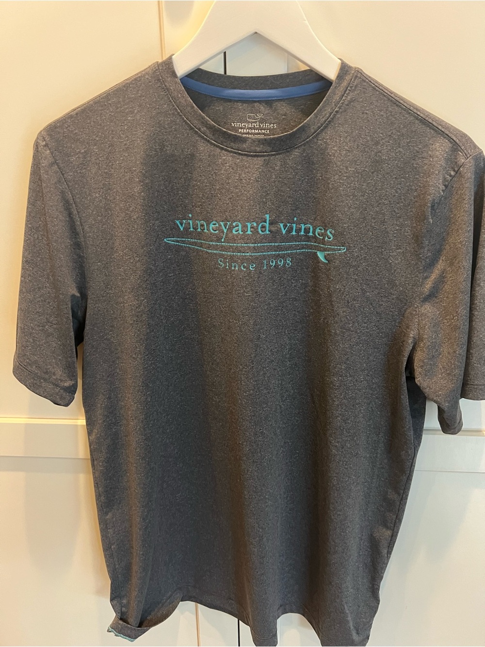 Boys Vineyard Vines Short Sleeve Heather Gray Performance Tee with Aqua Logo